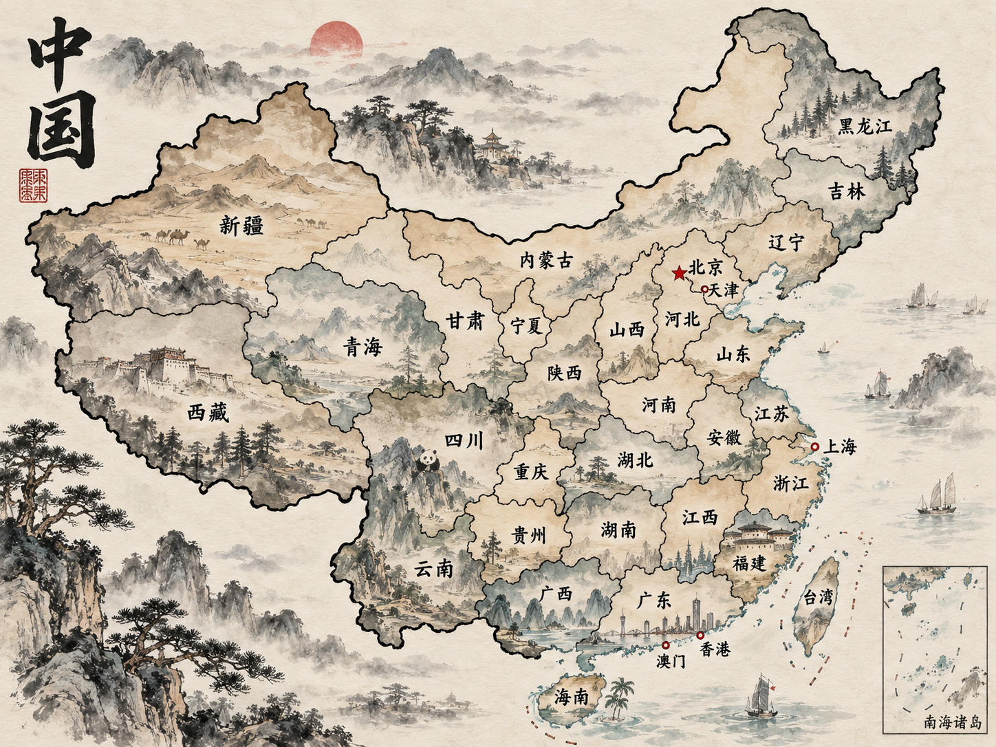 用户提供的中国水墨省份地图,标示方言朗读采样点
